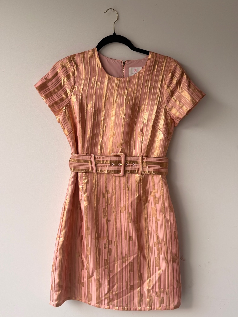 JB by Julie Brown Pink and Gold Metallic Belted Party Dress